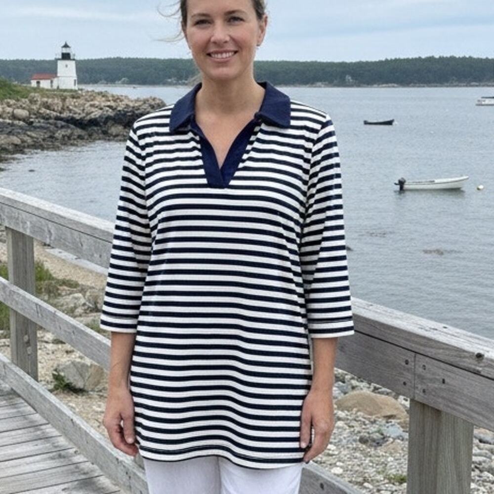 NWOT Isaac Mizrahi Nautical Striped Pullover Shirt with Navy Blue Collar